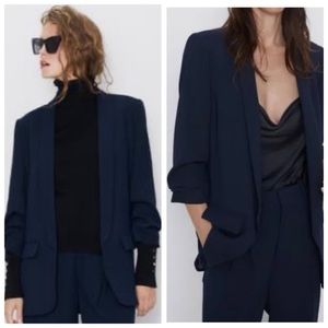 Zara Navy Open Front 3/4 Cinched Sleeve Blazer
